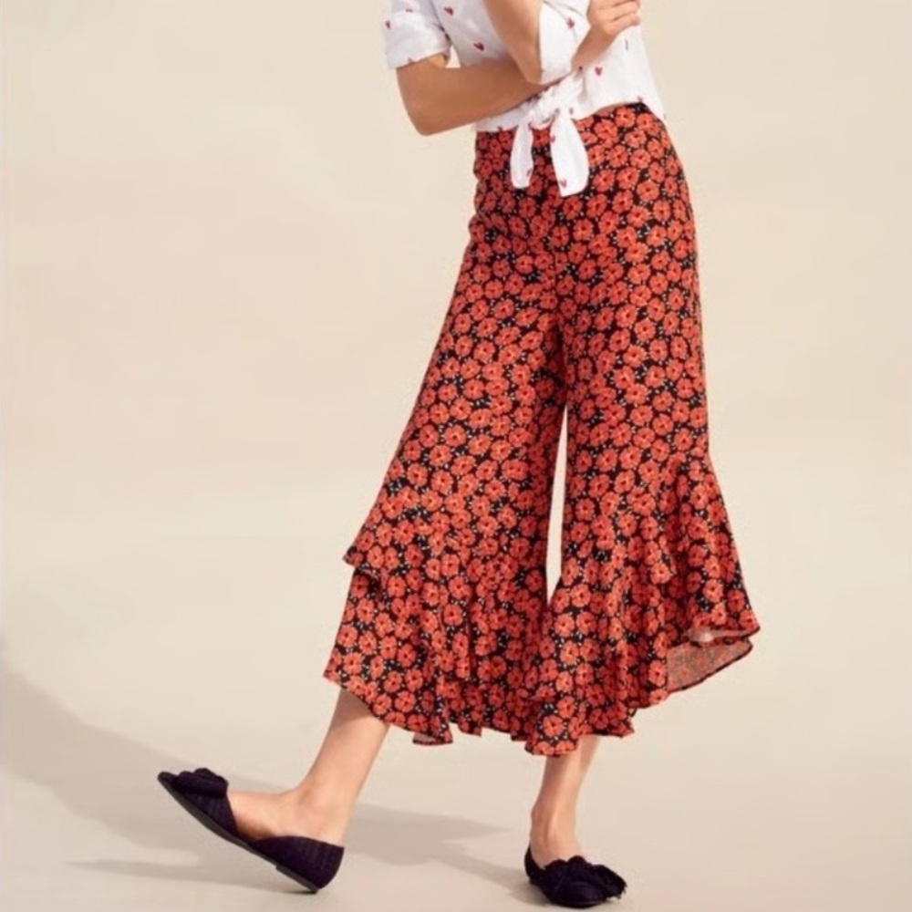 ETT:TWA by Anthropologie Virginie Ruffled‎ Wide-Leg Trousers Red Floral Size 6